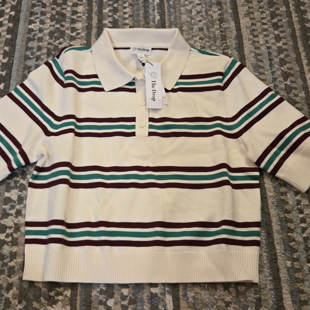 The Drop Brown Green Cream Collared Cropped Sweater New With Tags